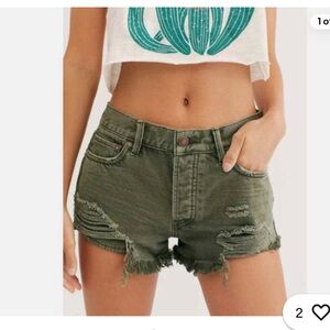 Free People Olive Green Distressed Denim Shorts